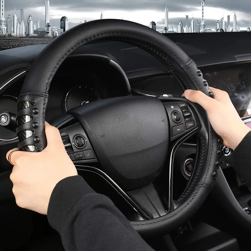 West Llama Customized Auto Car Steering Wheel Cover for Honda Accord CR-V HR-V Pilot Odyssey (Leather Nails-Black -Standard Size)