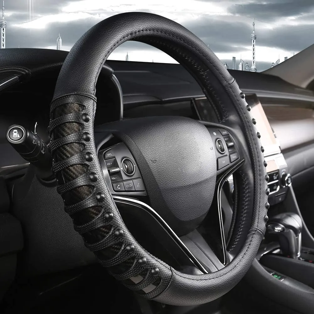 West Llama Customized Auto Car Steering Wheel Cover for Honda Accord CR-V HR-V Pilot Odyssey (Leather Nails-Black -Standard Size)