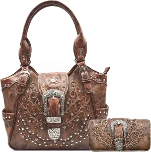Western Handbag Leather Floral Buckle Brown Concealed Carry Purse Women Country Shoulder Bag Wallet Set