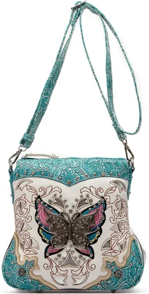 Western Style Metal Butterfly Rhinestone Studded Floral Tooled Leather Women Purse Crossbody Handbag Single Shoulder Bag