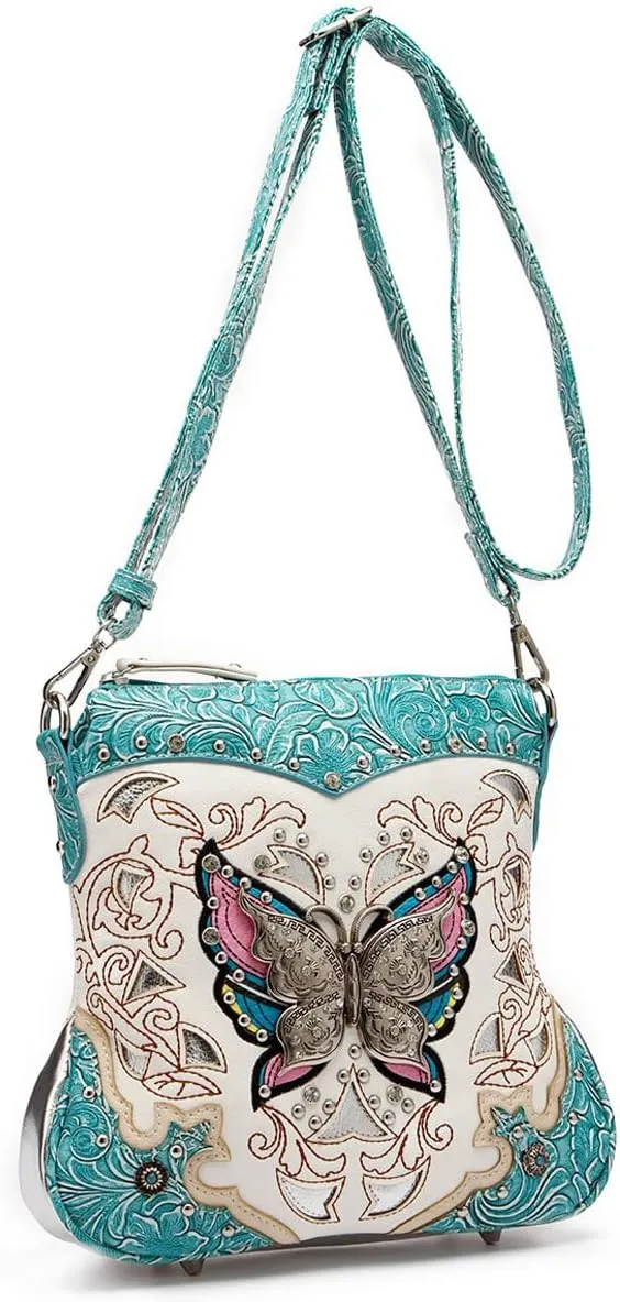 Western Style Metal Butterfly Rhinestone Studded Floral Tooled Leather Women Purse Crossbody Handbag Single Shoulder Bag