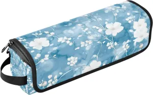 White Flowers on Blue Background Hairdressing Tool Travel Bag with Heat Resistant Pad, Detachable 2-in-1 Design, Suitable for Home, Travel, Curling Iron Storage
