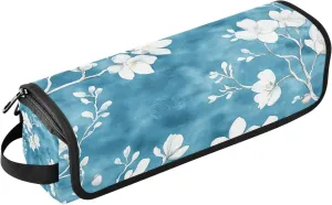 White Flowers on Blue Background Hairdressing Tool Travel Bag with Heat Resistant Pad, Detachable 2-in-1 Design, Suitable for Home, Travel, Curling Iron Storage