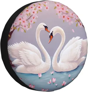 White Swans with Floral Tree Tire Cover Outdoor Waterproof Snow Sun Rain Wheel Cover Portable Wheel Bags Camper Spare Tire Cover Universal Car Tire Protectors for Trailer RV SUV