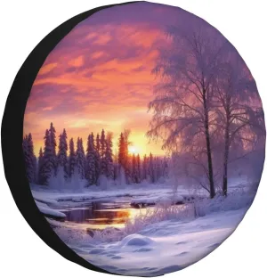 Winter Landscape Tire Cover Outdoor Waterproof Snow Sun Rain Wheel Cover Portable Wheel Bags Camper Spare Tire Cover Universal Car Tire Protectors for Trailer RV SUV