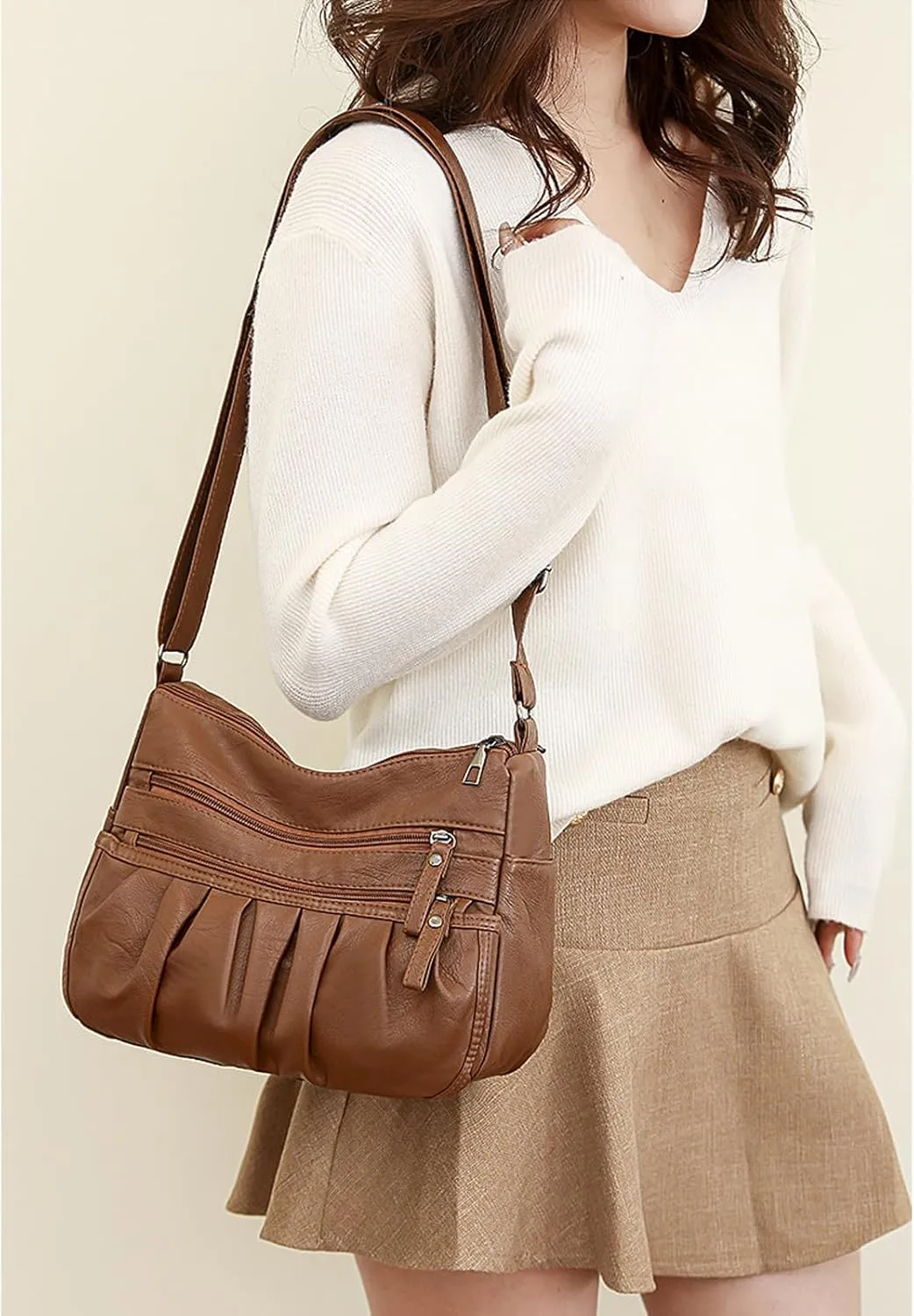 WITERY Soft Leather Multi-Pocket Shoulder Bag for Women - Retro Sling Ruched Hobo Tote Bag