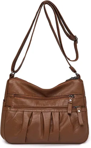 WITERY Soft Leather Multi-Pocket Shoulder Bag for Women - Retro Sling Ruched Hobo Tote Bag