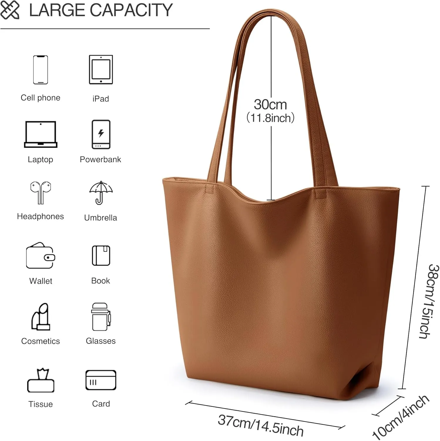 WLLWOO WLLWOO Soft PU Leather Tote Bag for Women Large Casual Hobo Handbags with Zipper Shoulder Work Bag Travel Purse