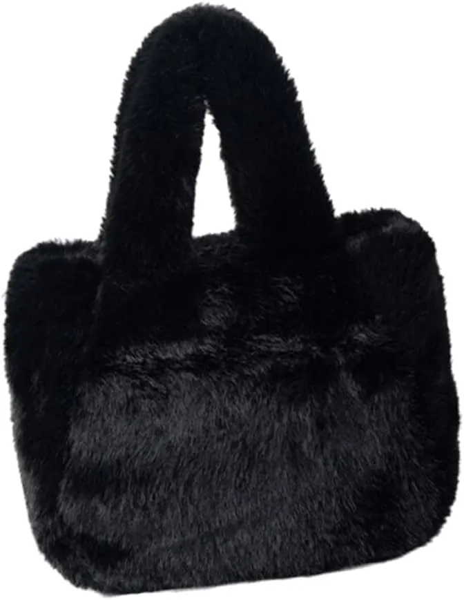 Women Cozy Faux Furs Fleece Small Bucket Handbag for Everyday Outfits Winter Fuzzy Plush Shoulder Crossbody Bag Purse