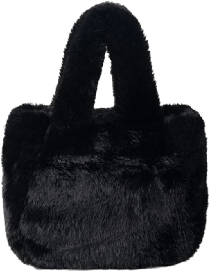 Women Cozy Faux Furs Fleece Small Bucket Handbag for Everyday Outfits Winter Fuzzy Plush Shoulder Crossbody Bag Purse