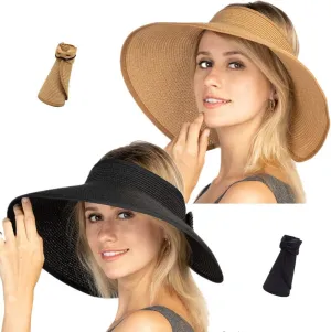Women Sun Visors Foldable Straw Hats Summer Beach Packable Hat Floppy Wide Brim Cap Deep Style, Adjustable Size