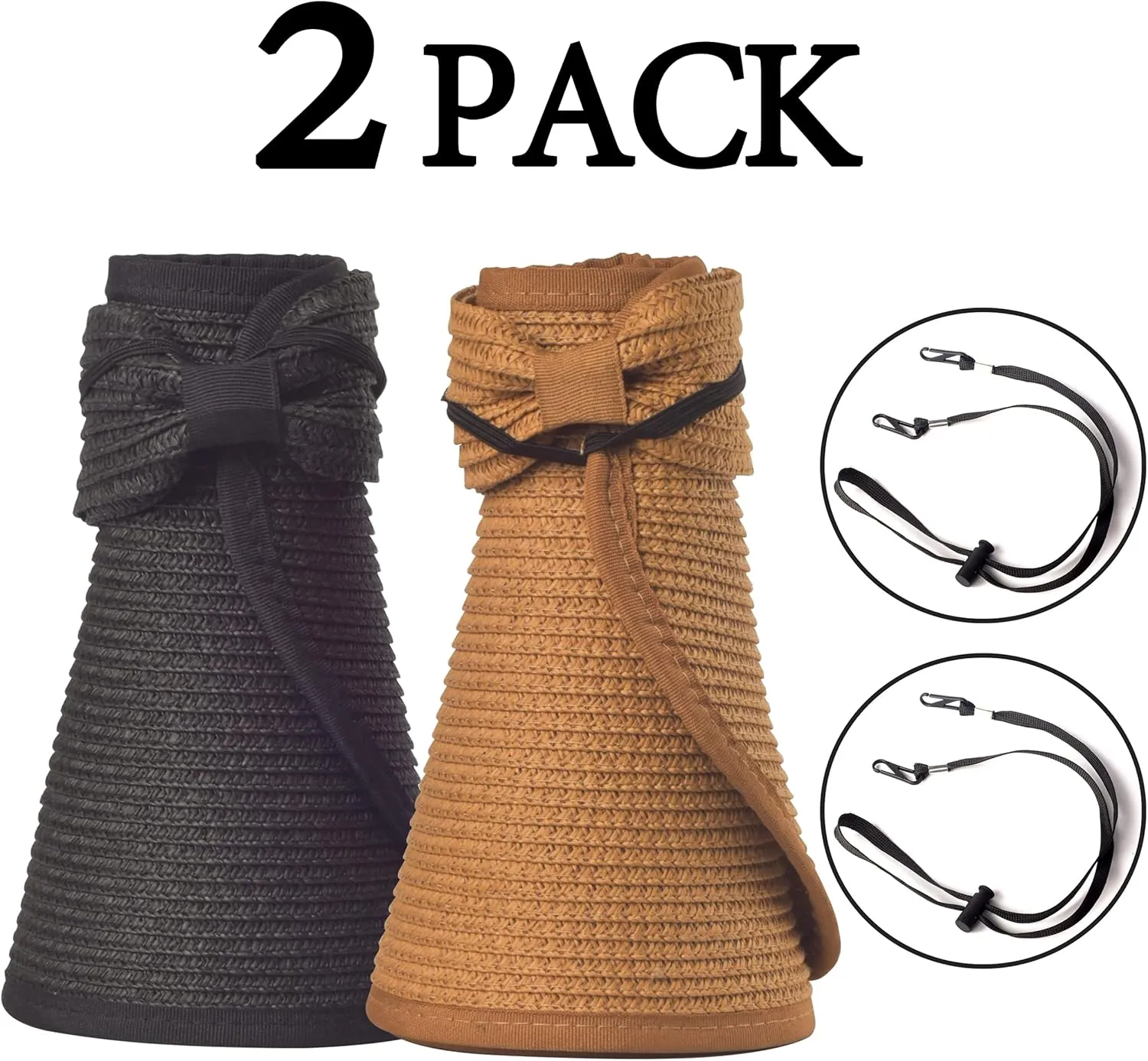 Women Sun Visors Foldable Straw Hats Summer Beach Packable Hat Floppy Wide Brim Cap Deep Style, Adjustable Size