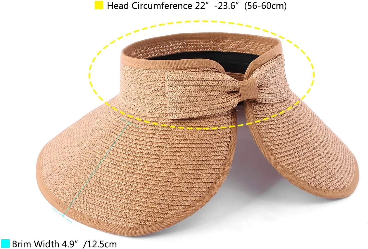 Women Sun Visors Foldable Straw Hats Summer Beach Packable Hat Floppy Wide Brim Cap Deep Style, Adjustable Size