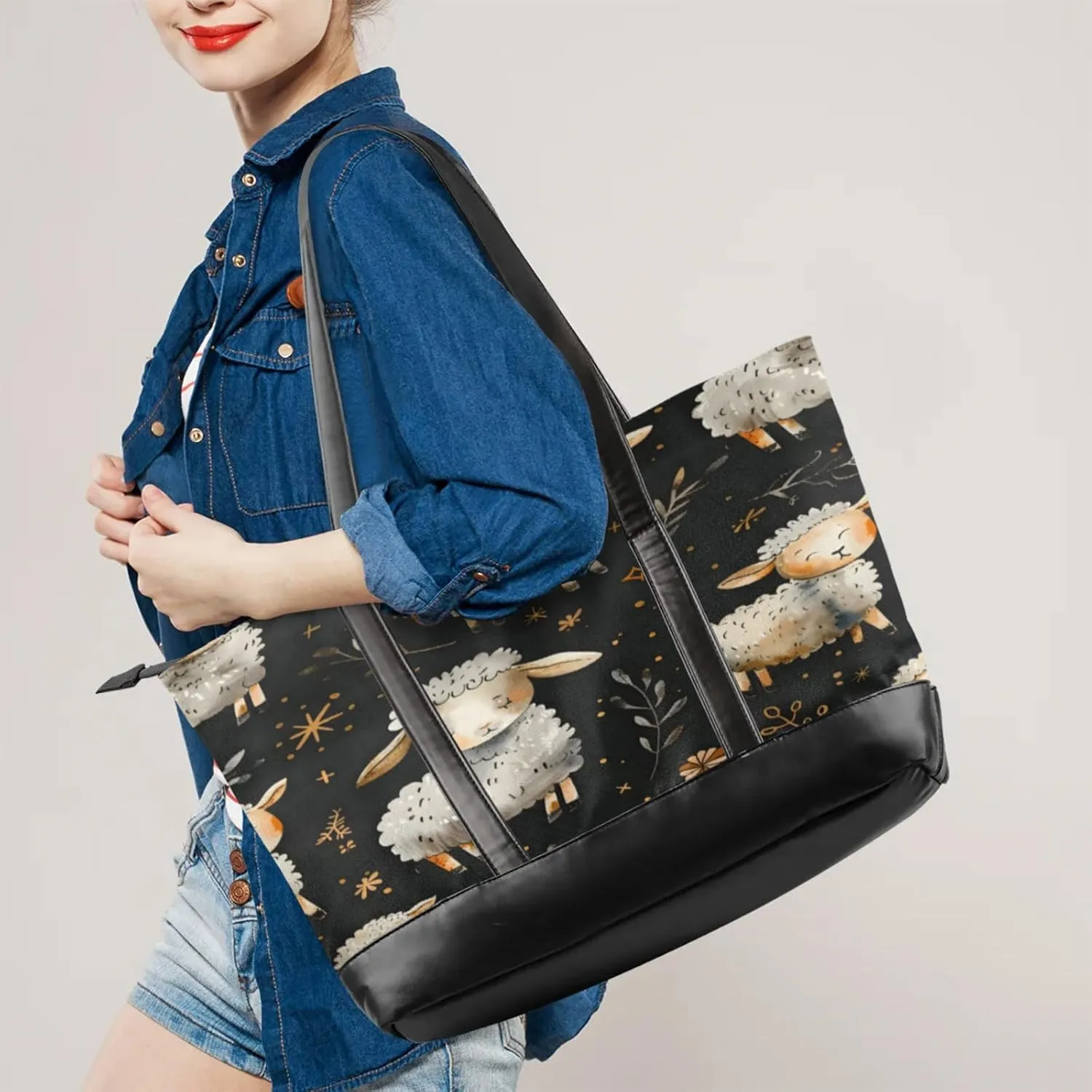 Women Tote Bag with Zipper, Shopper Handbag Travel Purse, PU Leather Laptop Tote Bags, Weekender Bags