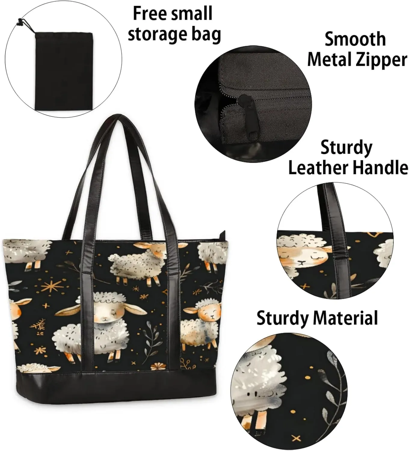 Women Tote Bag with Zipper, Shopper Handbag Travel Purse, PU Leather Laptop Tote Bags, Weekender Bags