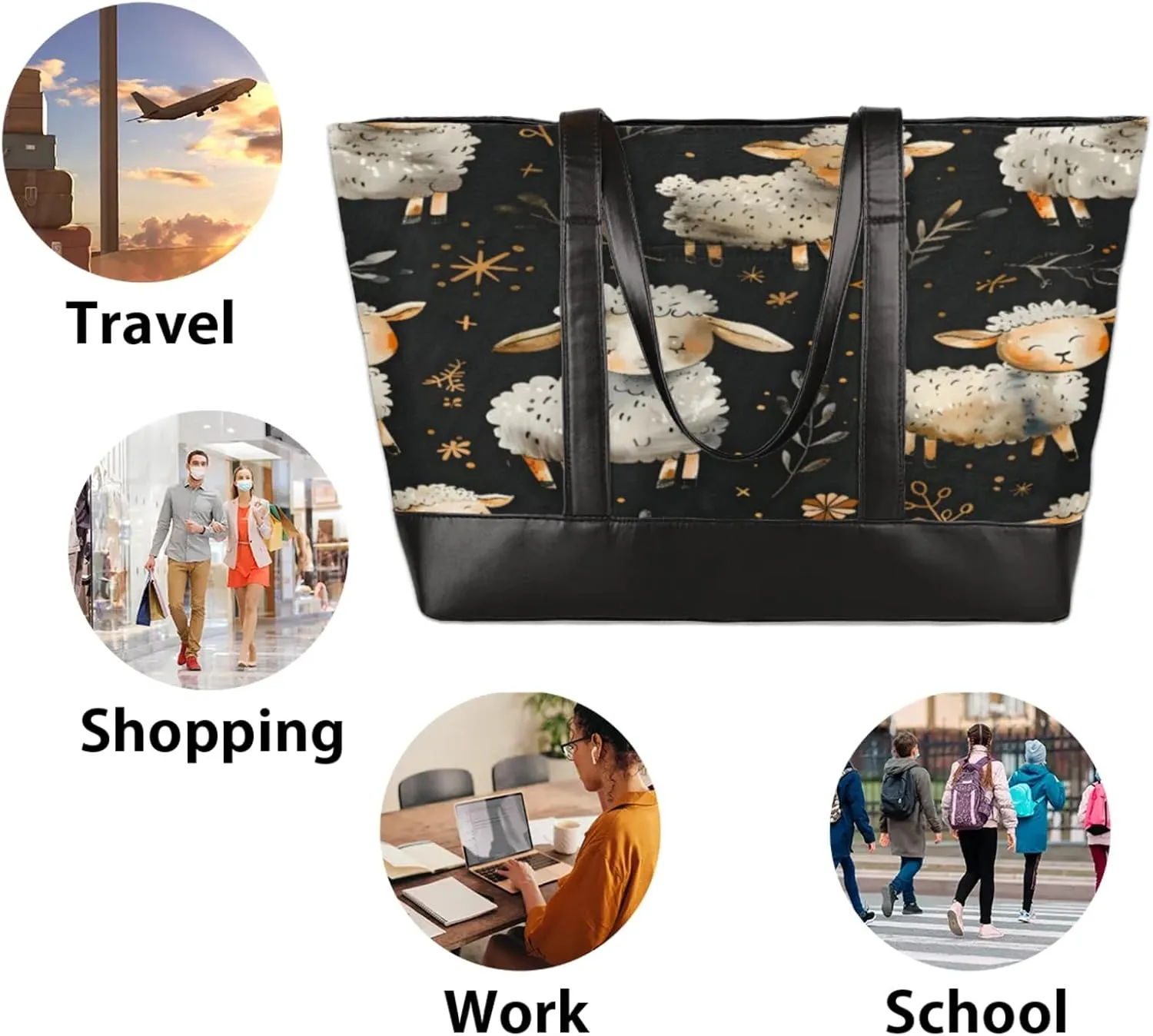 Women Tote Bag with Zipper, Shopper Handbag Travel Purse, PU Leather Laptop Tote Bags, Weekender Bags