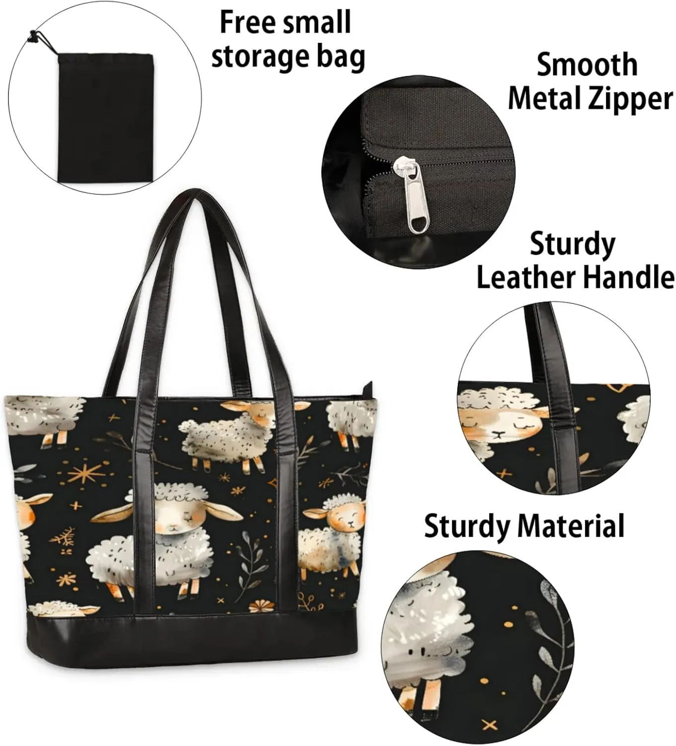 Women Tote Bag with Zipper, Shopper Handbag Travel Purse, PU Leather Laptop Tote Bags, Weekender Bags