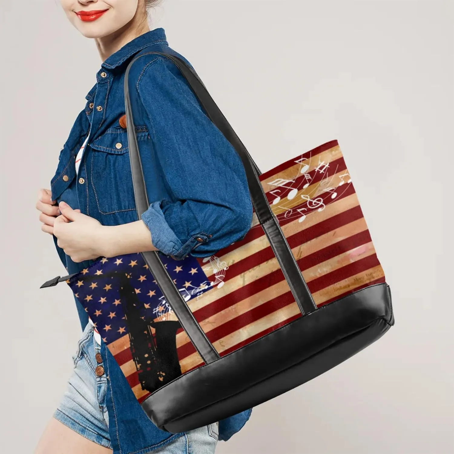 Women Tote Bag with Zipper, Shopper Handbag Travel Purse, PU Leather Laptop Tote Bags, Weekender Tote Bags