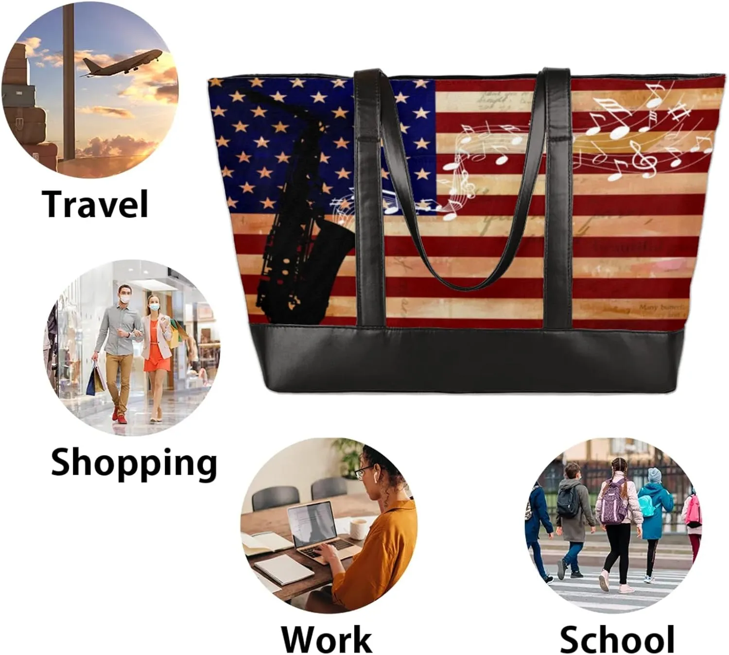 Women Tote Bag with Zipper, Shopper Handbag Travel Purse, PU Leather Laptop Tote Bags, Weekender Tote Bags
