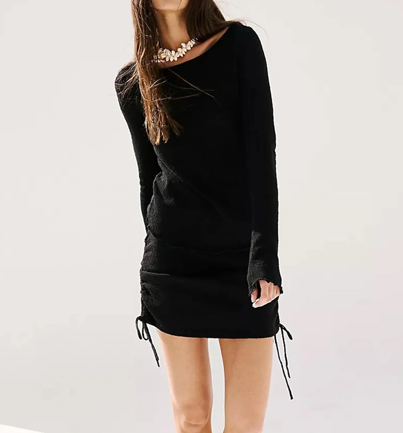 Women's 2 Piece Outfits Sweater Set Long Sleeve Knit Lettuce Hem Tops and Sides Cinch Tie Mini Skirt Lounge Sets