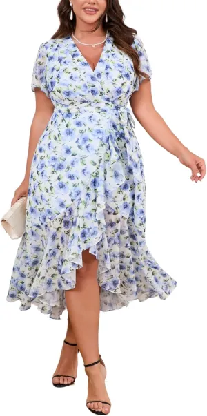 Women’s 2025 Floral Summer Dress Wrap V Neck Plus Size Boho Belted Ruffle Hem Flowy Maxi Dresses