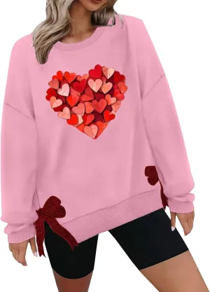 Womens 2025 Heart Printed Sweatshirt Side Bow Applique Trendy Blouses Holiday Outdoor Sports Casual Top