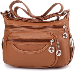 Women's Bag Shoulder Bag Middle-Aged Soft Leather Women's Bag Old Flower Bag Backpack Messenger Bag (Khaki)