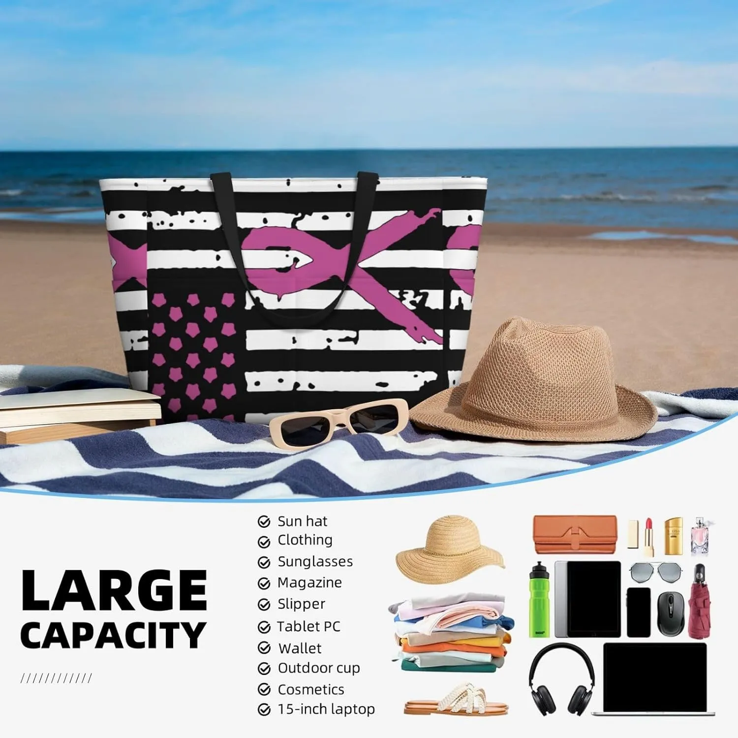 Women's Beach Tote Bag Large Waterproof Travel Bags with Pockets Sandproof Handbag for Camping Gym Pool