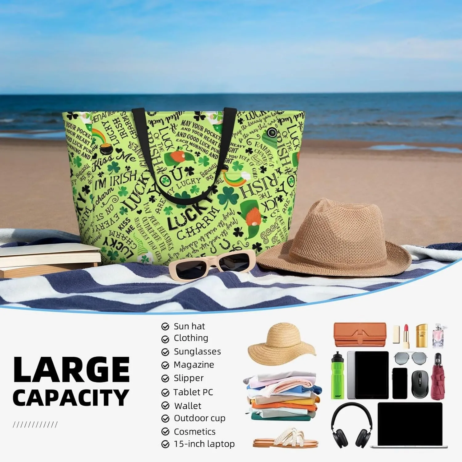 Women's Beach Tote Bag Large Waterproof Travel Bags with Pockets Sandproof Handbag for Camping Gym Pool