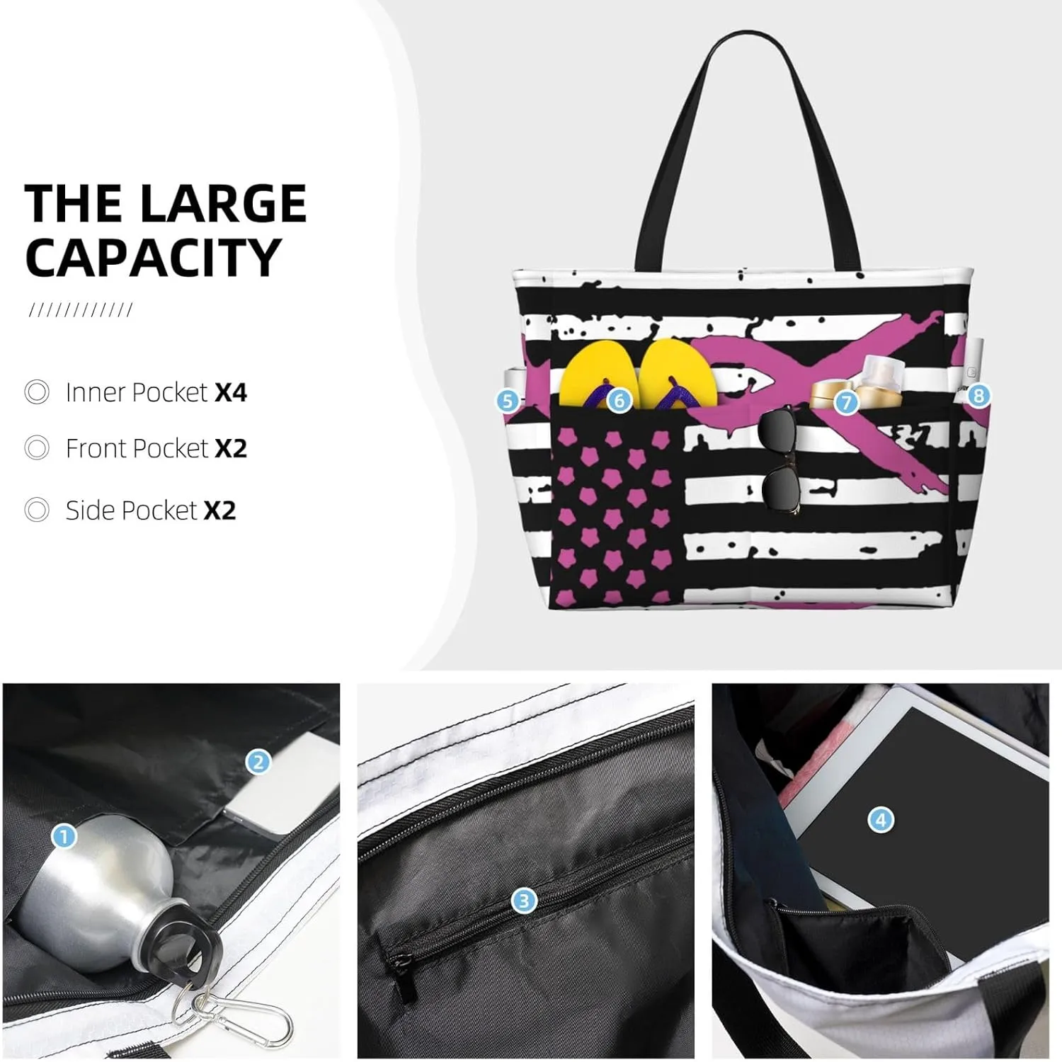 Women's Beach Tote Bag Large Waterproof Travel Bags with Pockets Sandproof Handbag for Camping Gym Pool