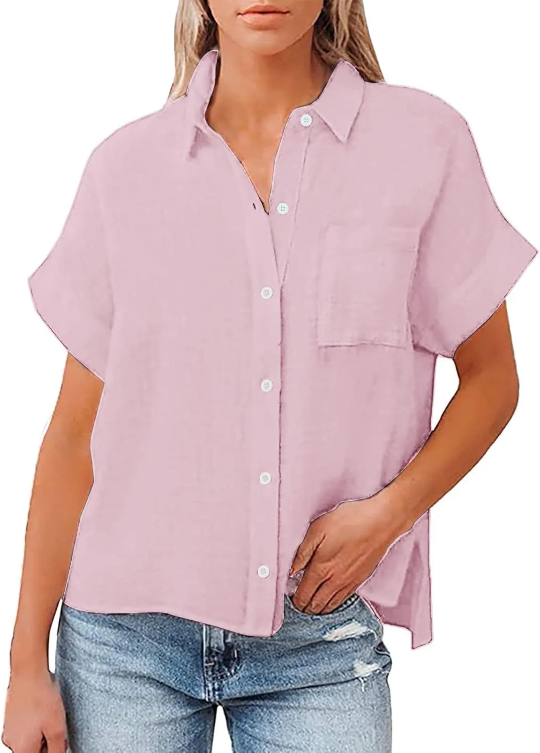 Womens Button Down Shirt Cotton and Slub Long Sleeve Pocket Button Tee Casual Popular Blouse Tops(S 3XL) Womens Top