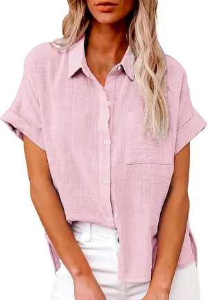 Womens Button Down Shirt Cotton and Slub Long Sleeve Pocket Button Tee Casual Popular Blouse Tops(S 3XL) Womens Top