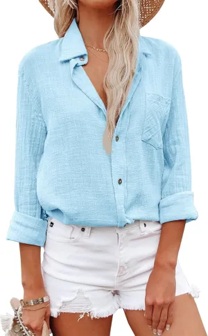 Womens Button Down Shirts Cotton Dress Shirt Long Sleeve Oversized Boyfriend Solid Tunic Tops with Pockets