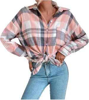 Womens Casual Plaid Flannel Shirts Button Down Oversized Long Sleeve Shacket Jacket Trendy Coat Tops