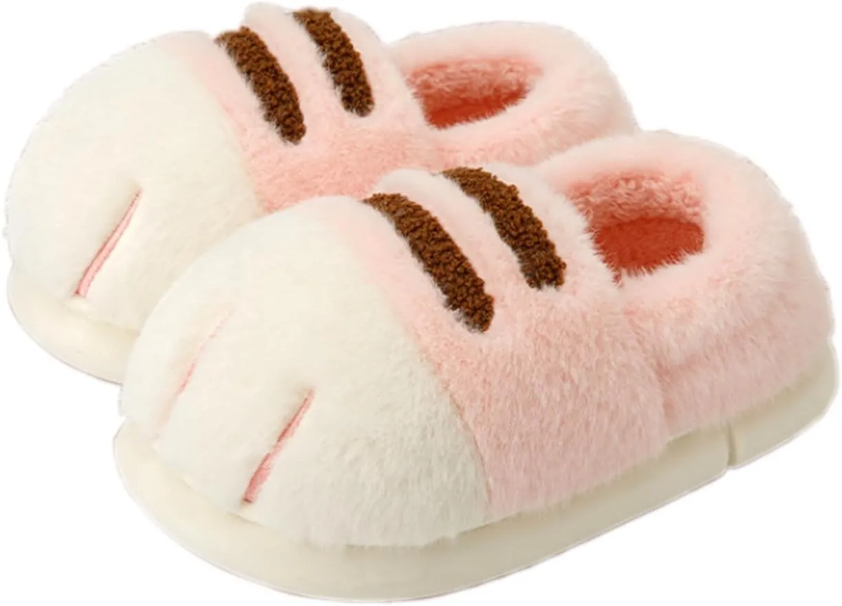 Women's Cat Paw Slippers, 3D Plush, Pink, One Size, Anti-Slip, Warm, Comfortable, Home, Office, Travel