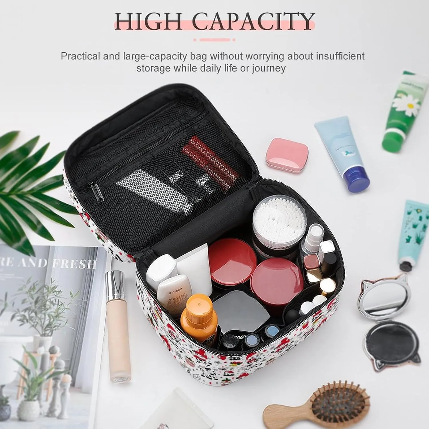 Womens Christmas Cute Cows Make Up Bag Organizer With Compartments Handle Men Makeup Toiletry Bags Waterproof Soft Leather Skincare Cosmetic Box For Travel Camping Wedding