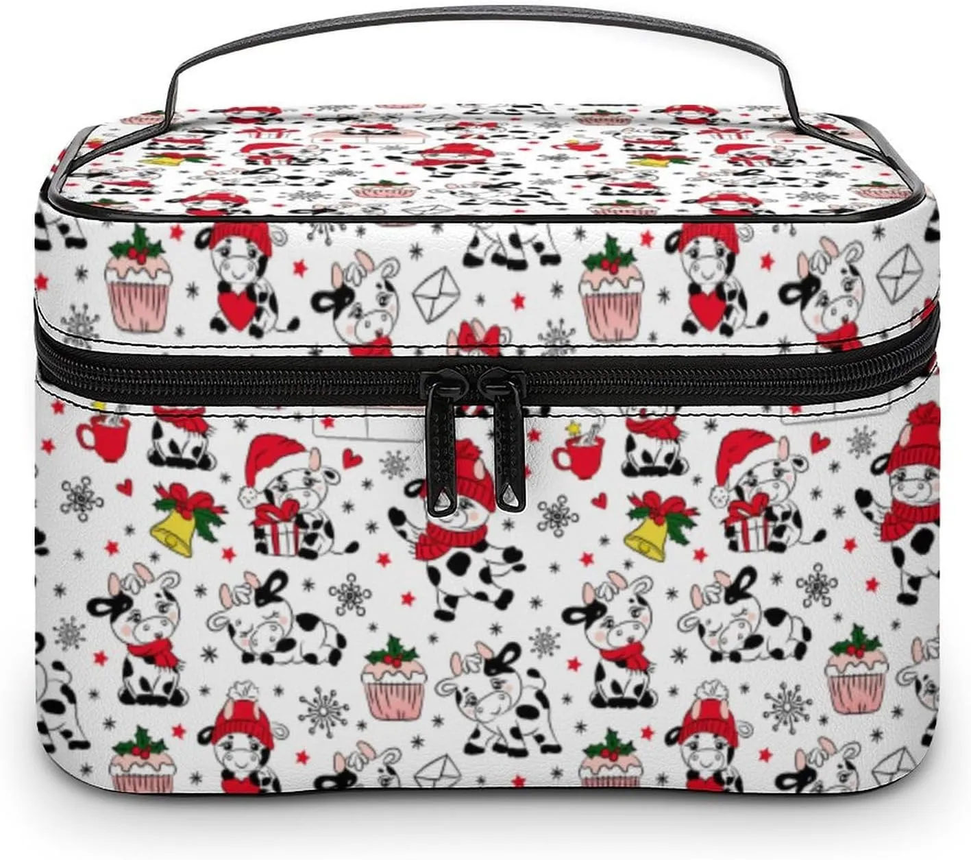 Womens Christmas Cute Cows Make Up Bag Organizer With Compartments Handle Men Makeup Toiletry Bags Waterproof Soft Leather Skincare Cosmetic Box For Travel Camping Wedding