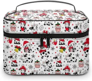 Womens Christmas Cute Cows Make Up Bag Organizer With Compartments Handle Men Makeup Toiletry Bags Waterproof Soft Leather Skincare Cosmetic Box For Travel Camping Wedding