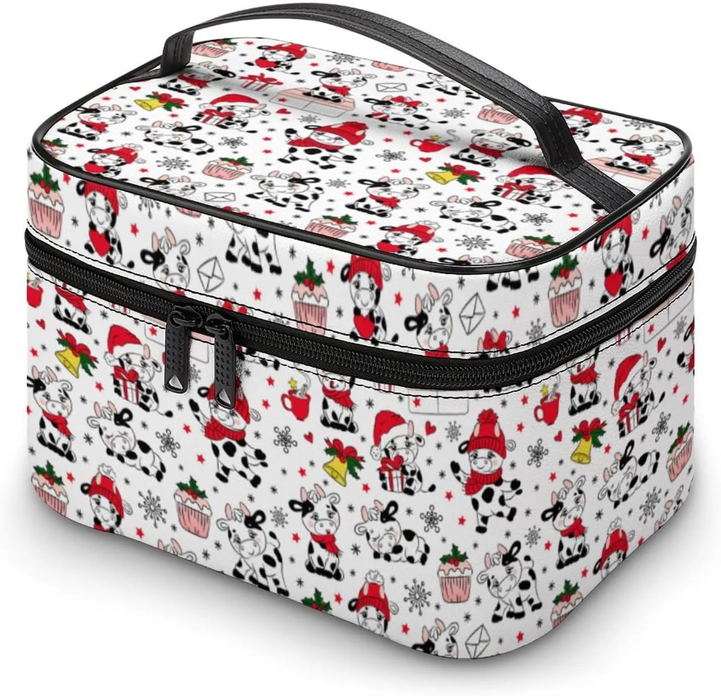 Womens Christmas Cute Cows Make Up Bag Organizer With Compartments Handle Men Makeup Toiletry Bags Waterproof Soft Leather Skincare Cosmetic Box For Travel Camping Wedding