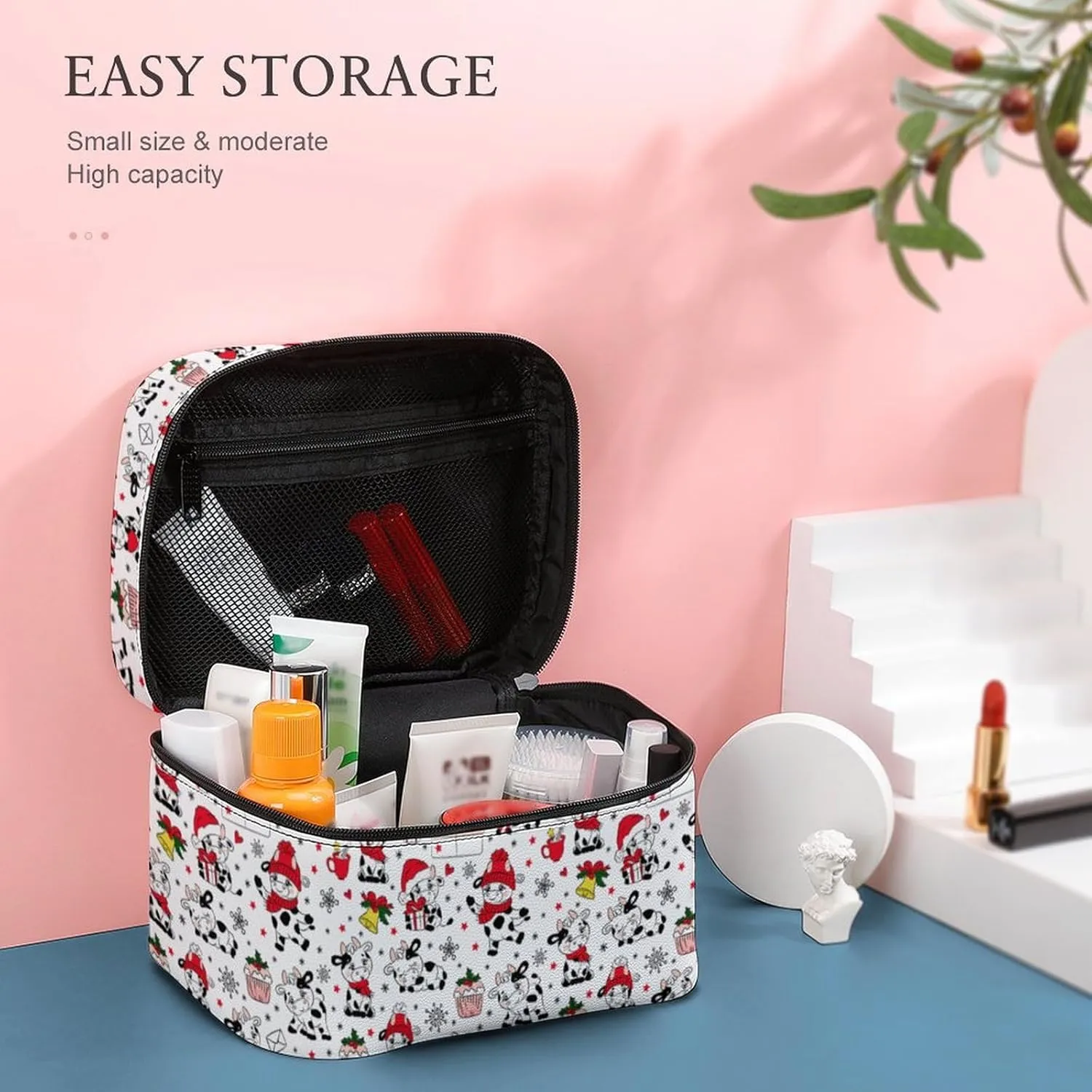 Womens Christmas Cute Cows Make Up Bag Organizer With Compartments Handle Men Makeup Toiletry Bags Waterproof Soft Leather Skincare Cosmetic Box For Travel Camping Wedding