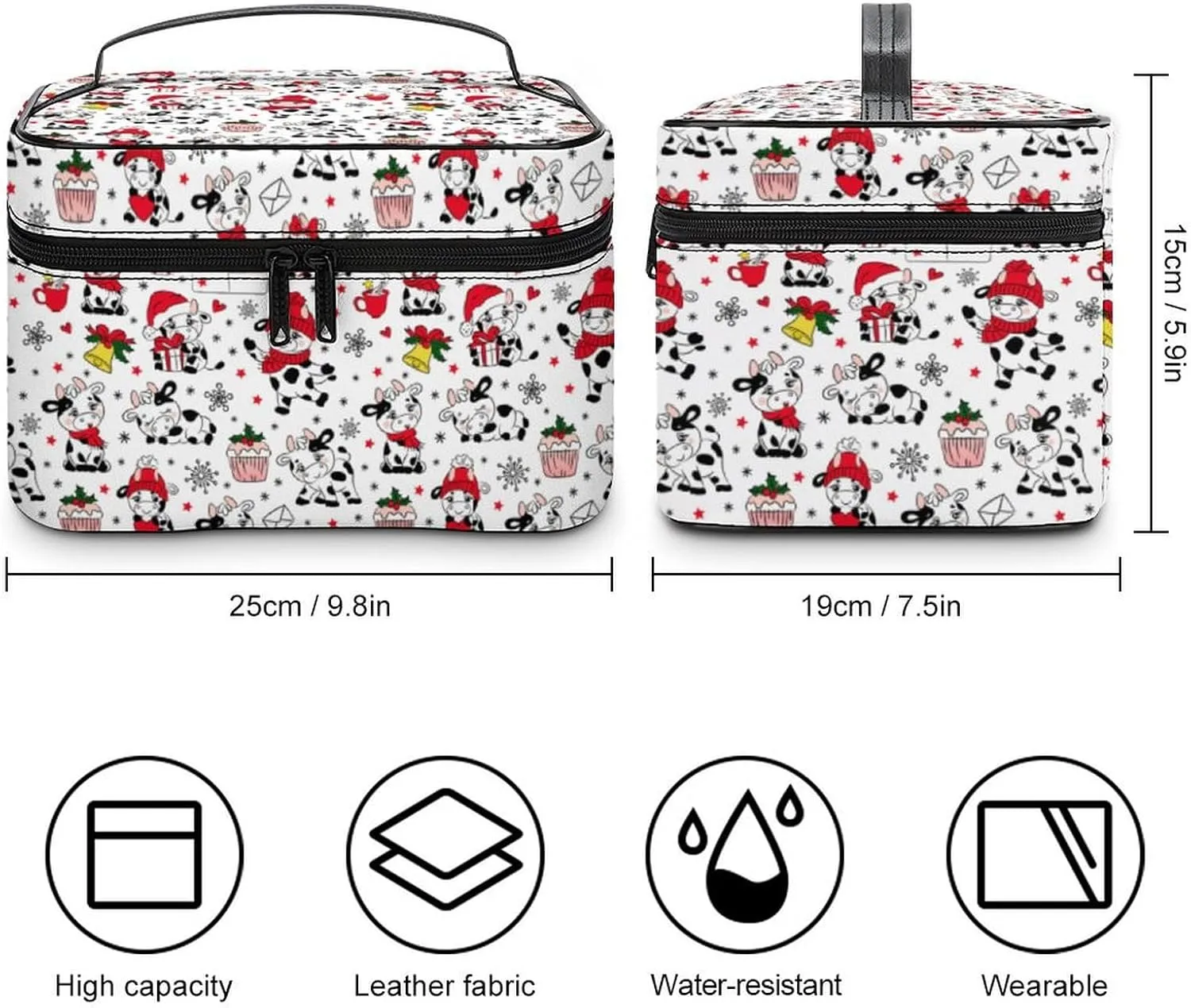 Womens Christmas Cute Cows Make Up Bag Organizer With Compartments Handle Men Makeup Toiletry Bags Waterproof Soft Leather Skincare Cosmetic Box For Travel Camping Wedding
