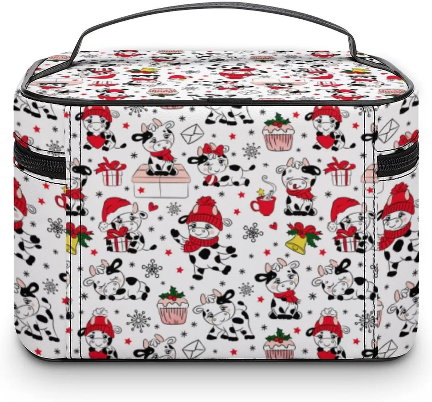 Womens Christmas Cute Cows Make Up Bag Organizer With Compartments Handle Men Makeup Toiletry Bags Waterproof Soft Leather Skincare Cosmetic Box For Travel Camping Wedding