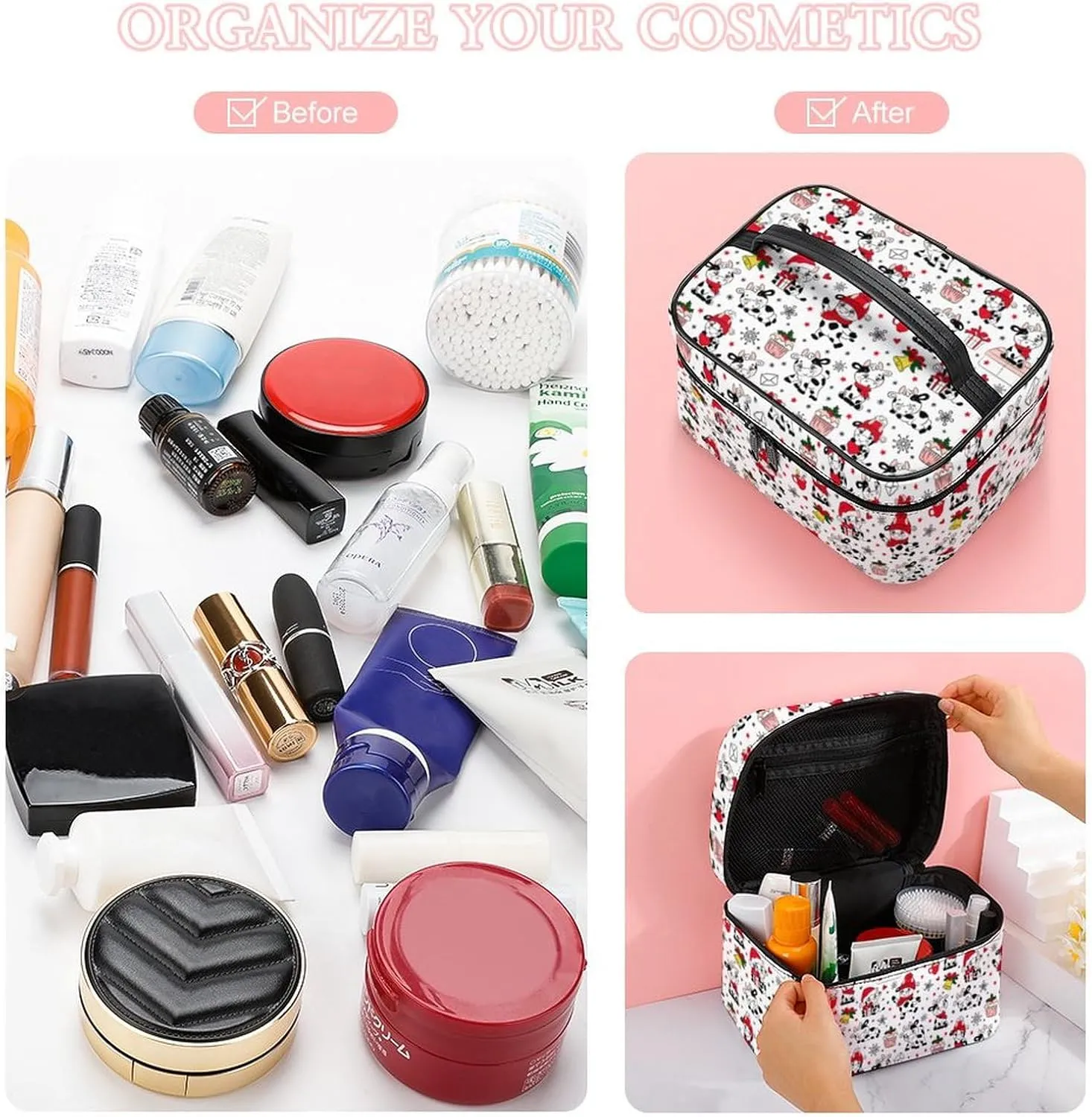 Womens Christmas Cute Cows Make Up Bag Organizer With Compartments Handle Men Makeup Toiletry Bags Waterproof Soft Leather Skincare Cosmetic Box For Travel Camping Wedding