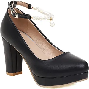 Women's Chunky High Heels Pearls Ankle Strap Pumps Shoes Round Toe Platform Elegant Mary Jane Dress Shoe