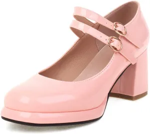 Women's Classic Mary Jane Pumps Round Toe Double Ankle Buckle Strap Chunky Block Heel Platform Shoes