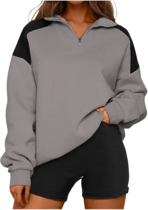 Women's Color Matching Sweatshirts Long Sleeve Hoodies Quarter Zip Fleece Pullover 2024 Fashion Casual Clothes