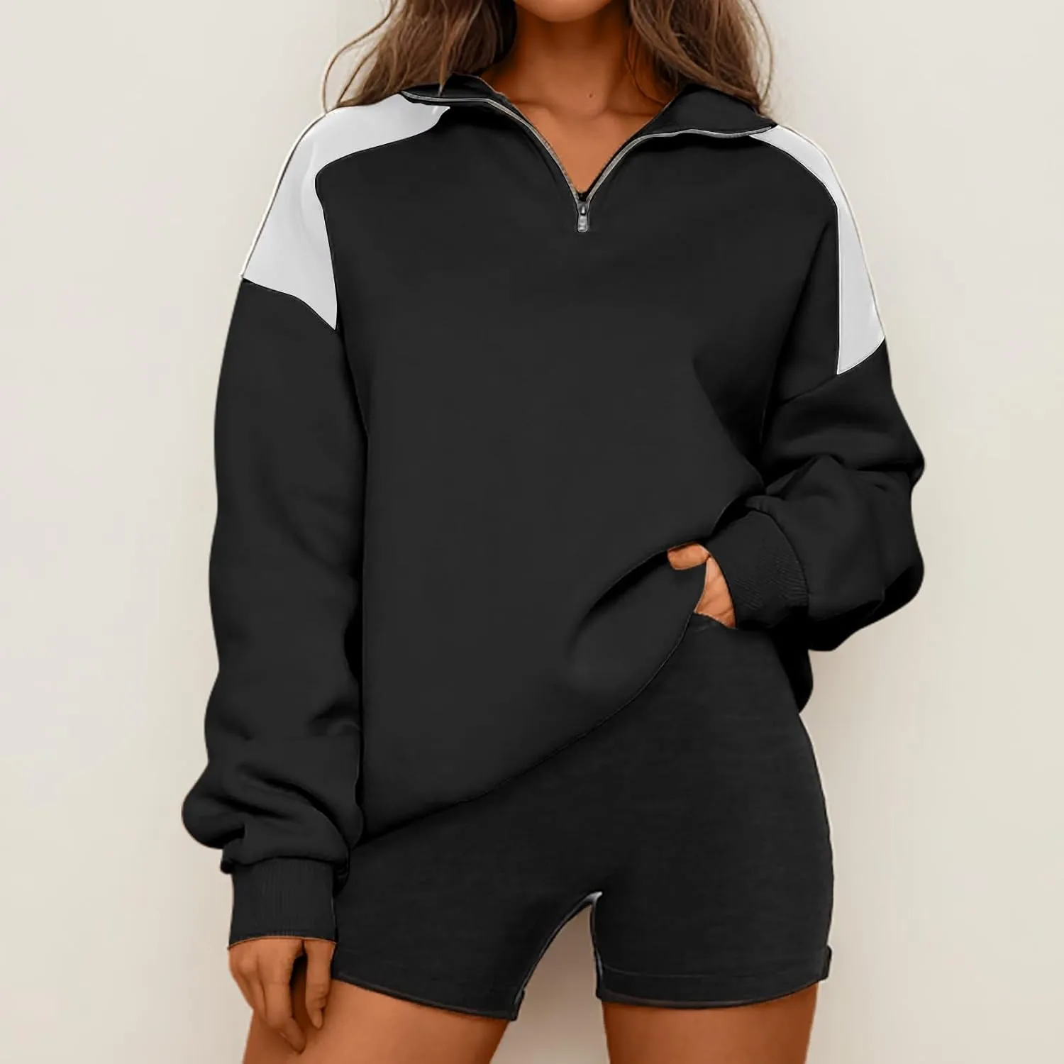Women's Color Matching Sweatshirts Long Sleeve Hoodies Quarter Zip Fleece Pullover 2024 Fashion Casual Clothes