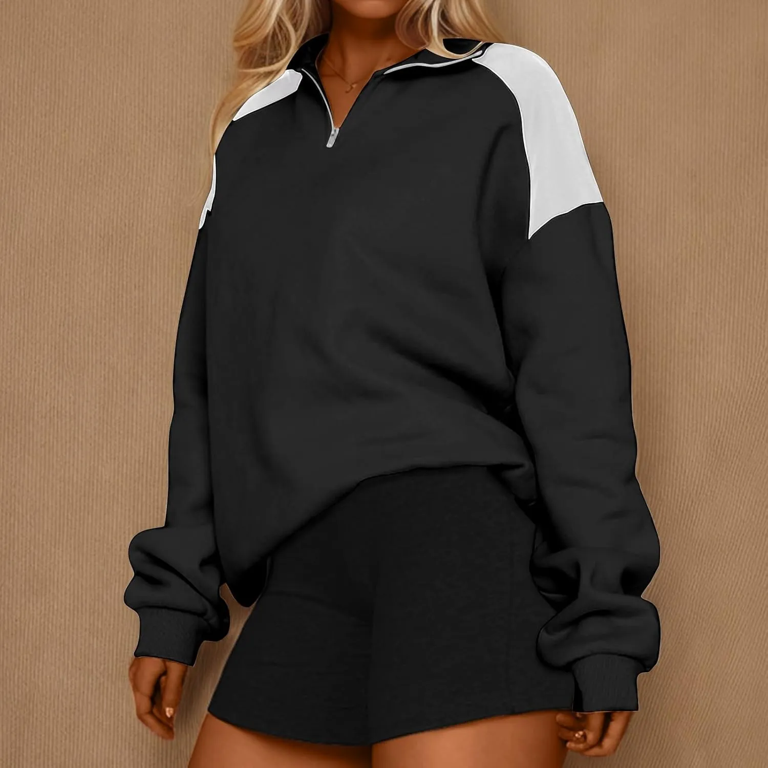 Women's Color Matching Sweatshirts Long Sleeve Hoodies Quarter Zip Fleece Pullover 2024 Fashion Casual Clothes