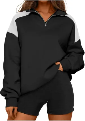 Women's Color Matching Sweatshirts Long Sleeve Hoodies Quarter Zip Fleece Pullover 2024 Fashion Casual Clothes