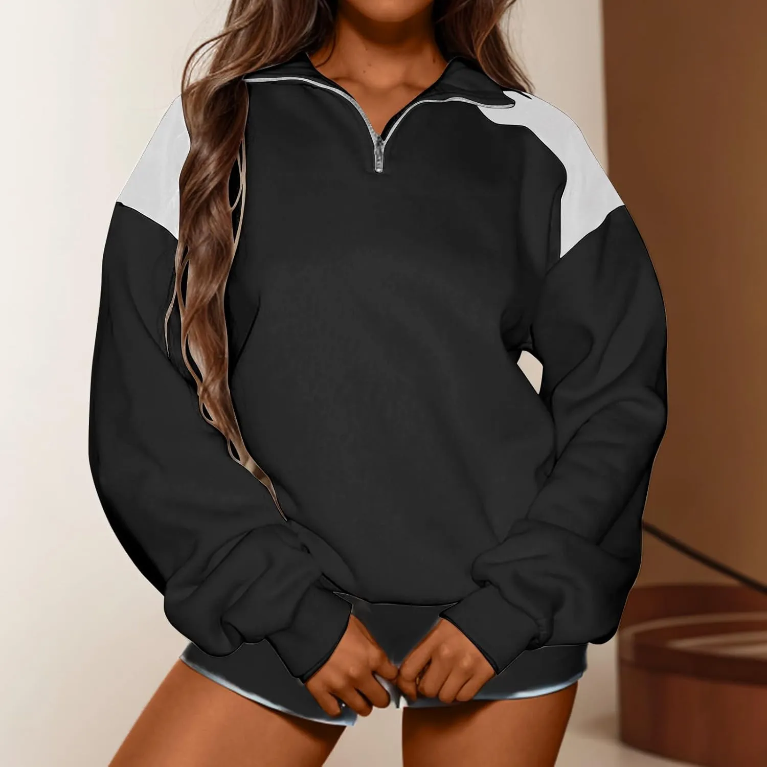 Women's Color Matching Sweatshirts Long Sleeve Hoodies Quarter Zip Fleece Pullover 2024 Fashion Casual Clothes